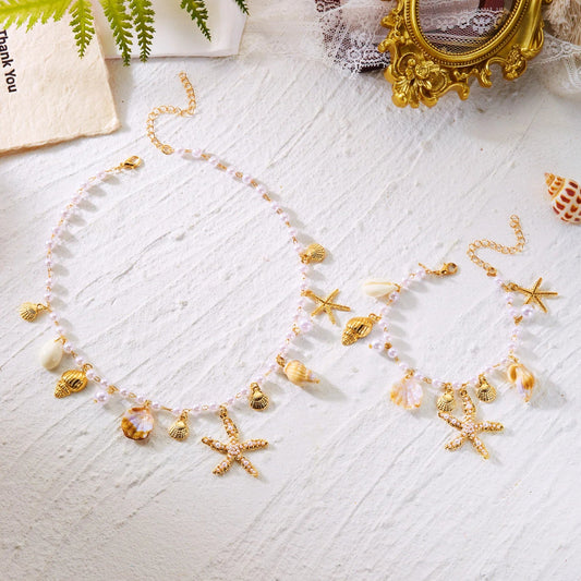 Parure Bohème Femme Étoile de Mer & Coquillages – Collier, Choker Perlé et Bracelet