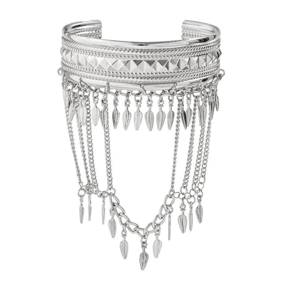 Bracelet de Bras Métallique à Pampilles pour Femme – Manchette Ajustable Ouverte Style Rétro Vintage