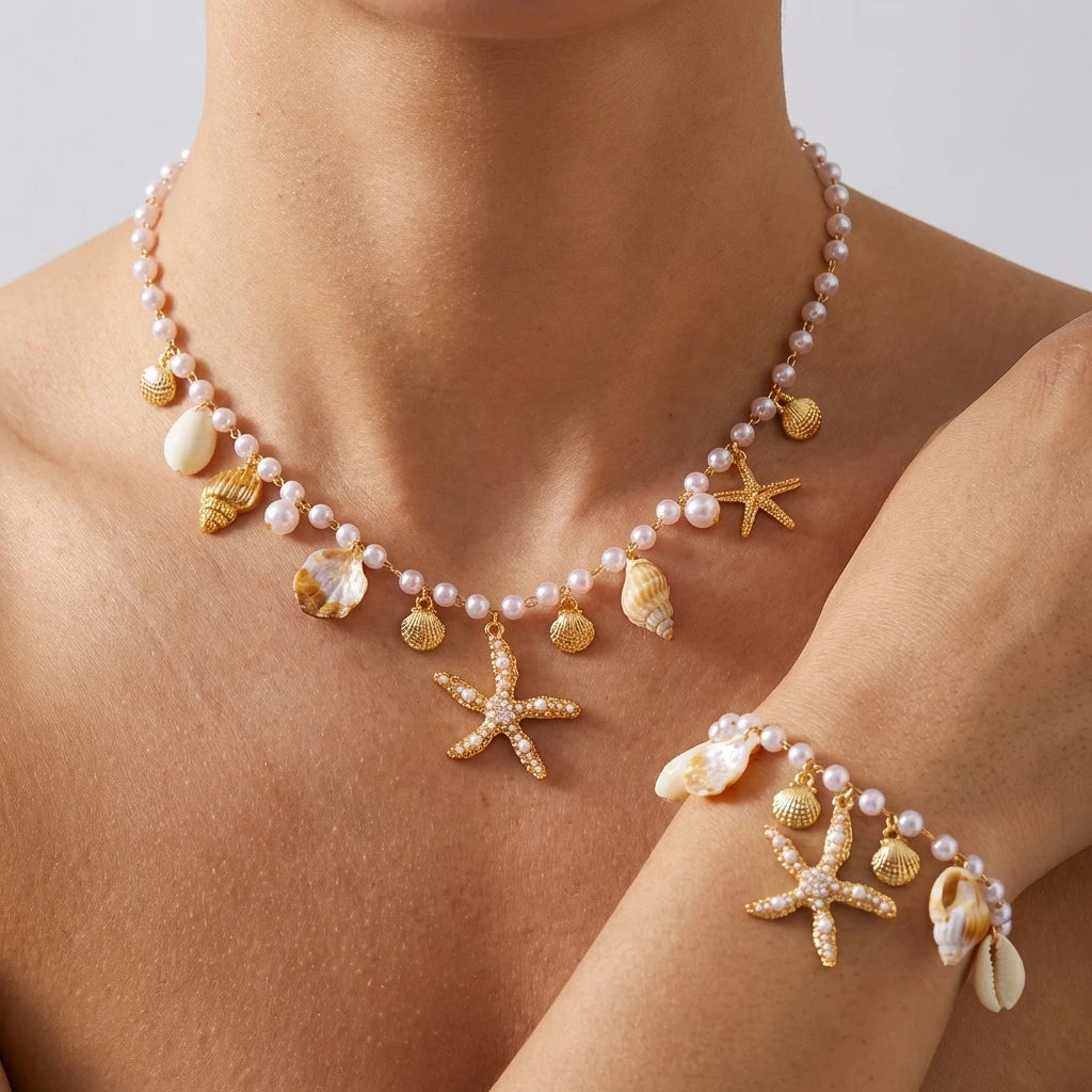 Parure Bohème Femme Étoile de Mer & Coquillages – Collier, Choker Perlé et Bracelet