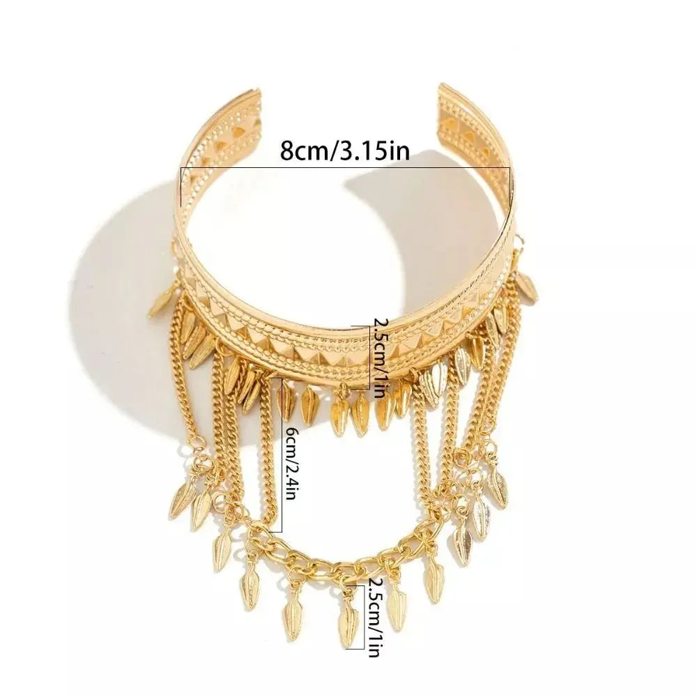 Bracelet de Bras Métallique à Pampilles pour Femme – Manchette Ajustable Ouverte Style Rétro Vintage