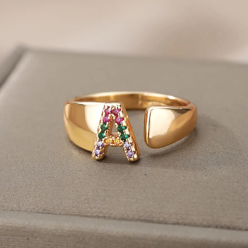 Rainbow Zircon Letter Rings For Women Fashion Chunky Wide Letter A-Z Stainless Steel Ring Wedding Boho Jewelry Gift