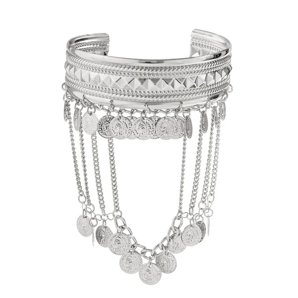 Bracelet de Bras Métallique à Pampilles pour Femme – Manchette Ajustable Ouverte Style Rétro Vintage