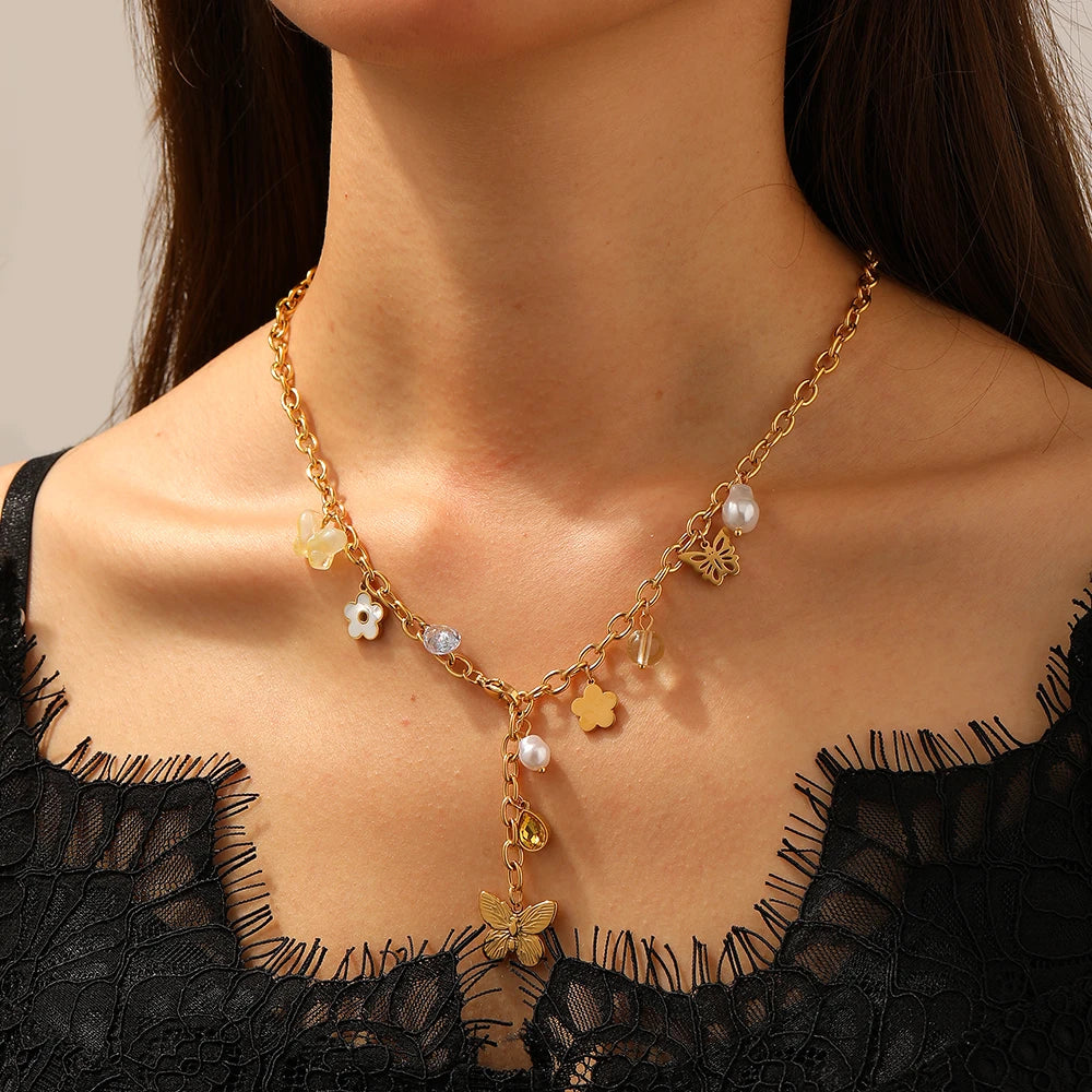 Collier Papillon Fleur Femme en Acier Inoxydable 316L – Zircon Goutte Jaune, Pampilles Élégantes & Résistant à l'Eau