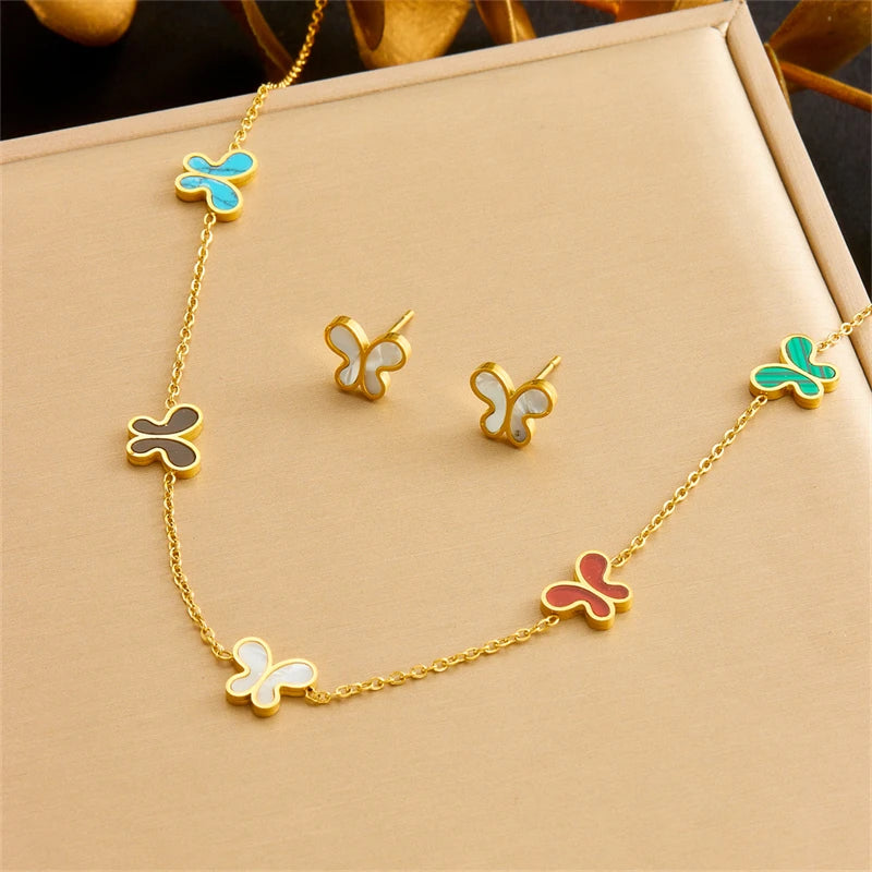 Parure de Bijoux Papillon en Acier Inoxydable 316L – Collier, Boucles d'Oreilles et Bracelet Coquillage Blanc