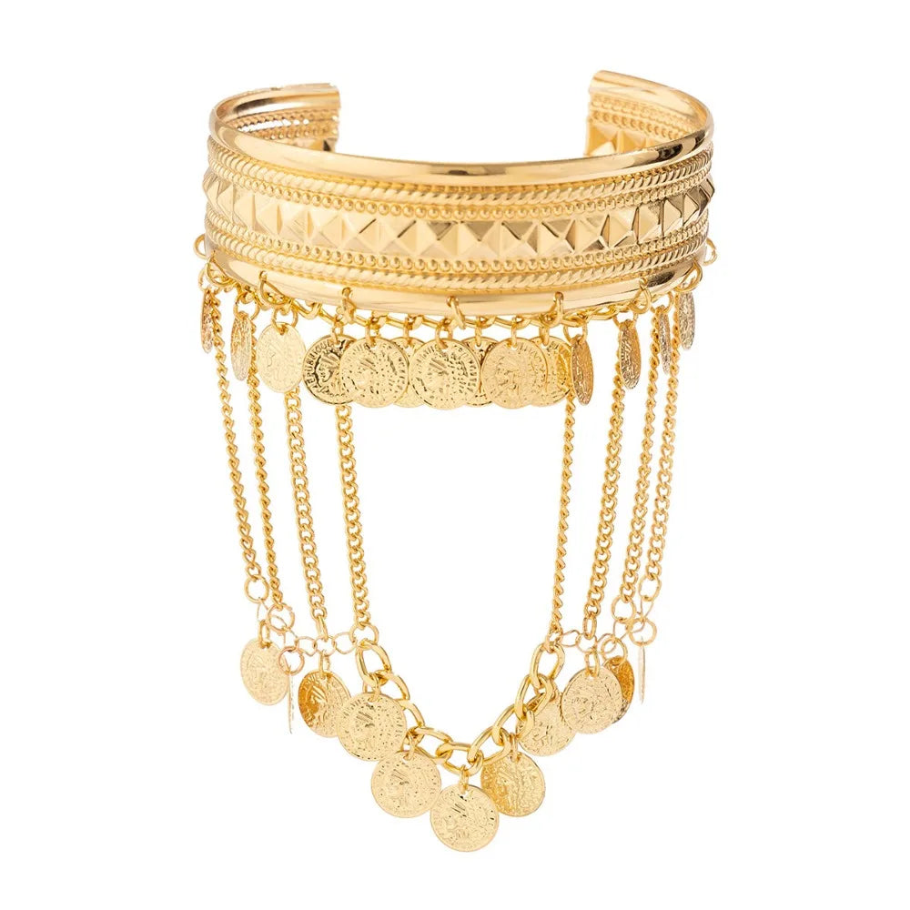 Bracelet de Bras Métallique à Pampilles pour Femme – Manchette Ajustable Ouverte Style Rétro Vintage