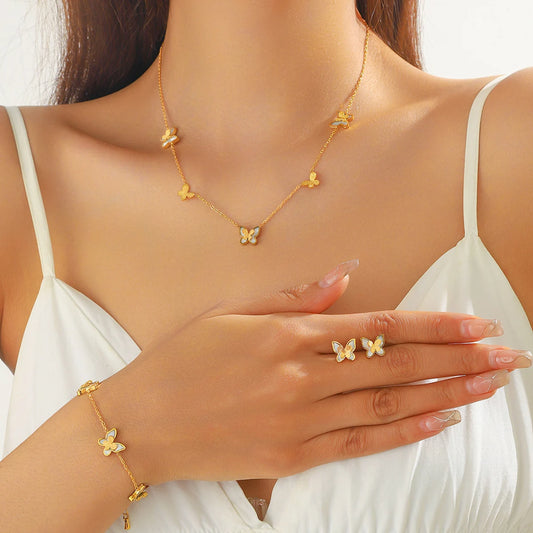 Parure de Bijoux Papillon en Acier Inoxydable 316L – Collier, Boucles d'Oreilles et Bracelet Coquillage Blanc