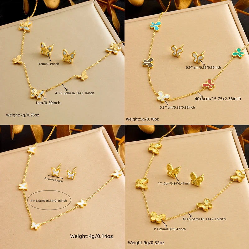 Parure de Bijoux Papillon en Acier Inoxydable 316L – Collier, Boucles d'Oreilles et Bracelet Coquillage Blanc
