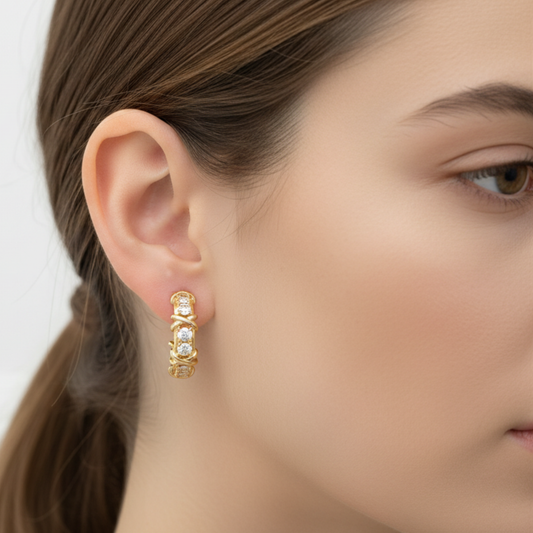 Boucles d'Oreilles Clous Vintage Croisées en Zircons – Style Coréen Élégant pour Femme