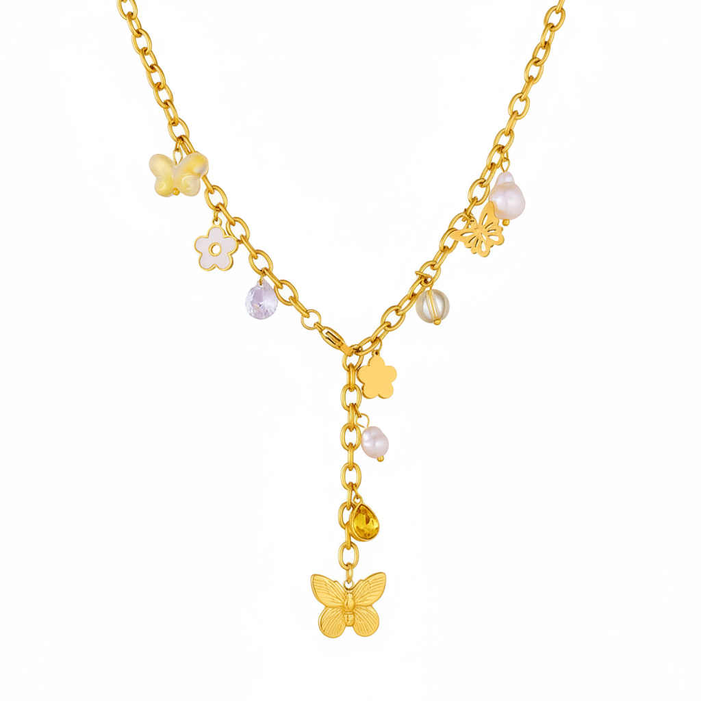Collier Papillon Fleur Femme en Acier Inoxydable 316L – Zircon Goutte Jaune, Pampilles Élégantes & Résistant à l'Eau